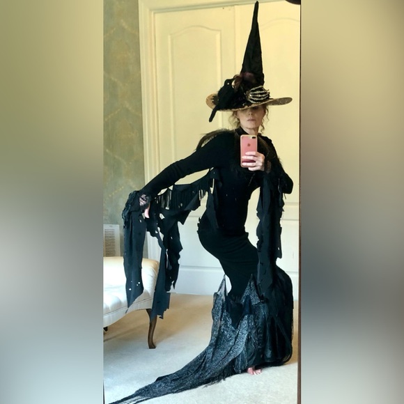 Witch hat, black satin Green sparkles, extra large, green butterfly & spiders OS - Picture 13 of 15